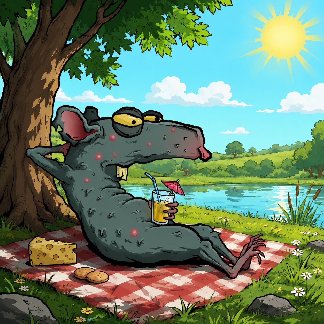 A HantaRat resting on a picnic blanket under a tree with a drink and cheese
