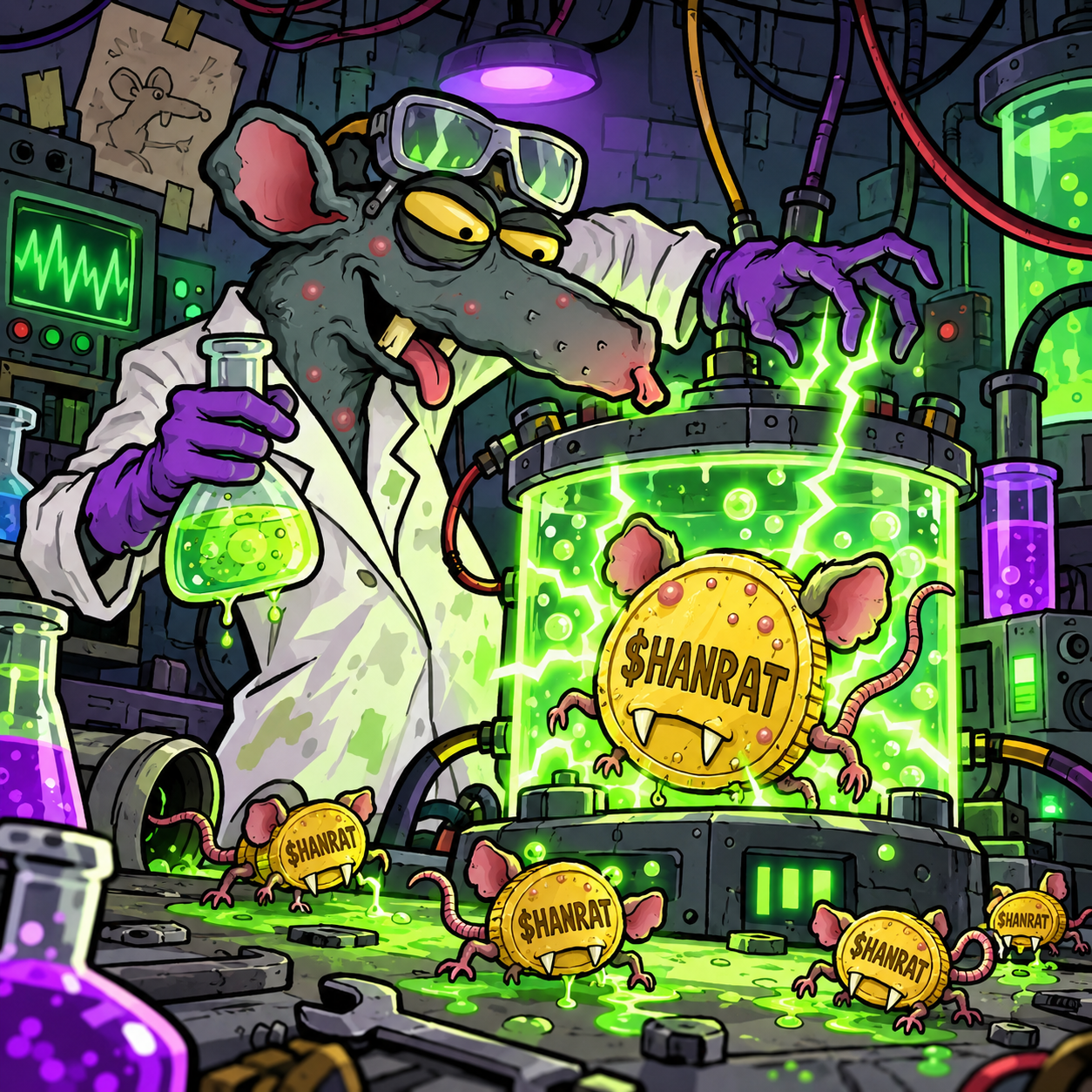 Dr. Hanta in a lab coat brewing glowing $HANRAT coins in a containment tank