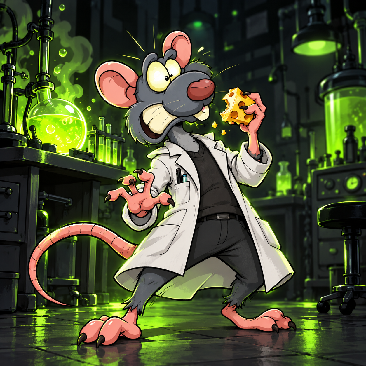 Dr. Hanta holding cheese in a green-lit laboratory