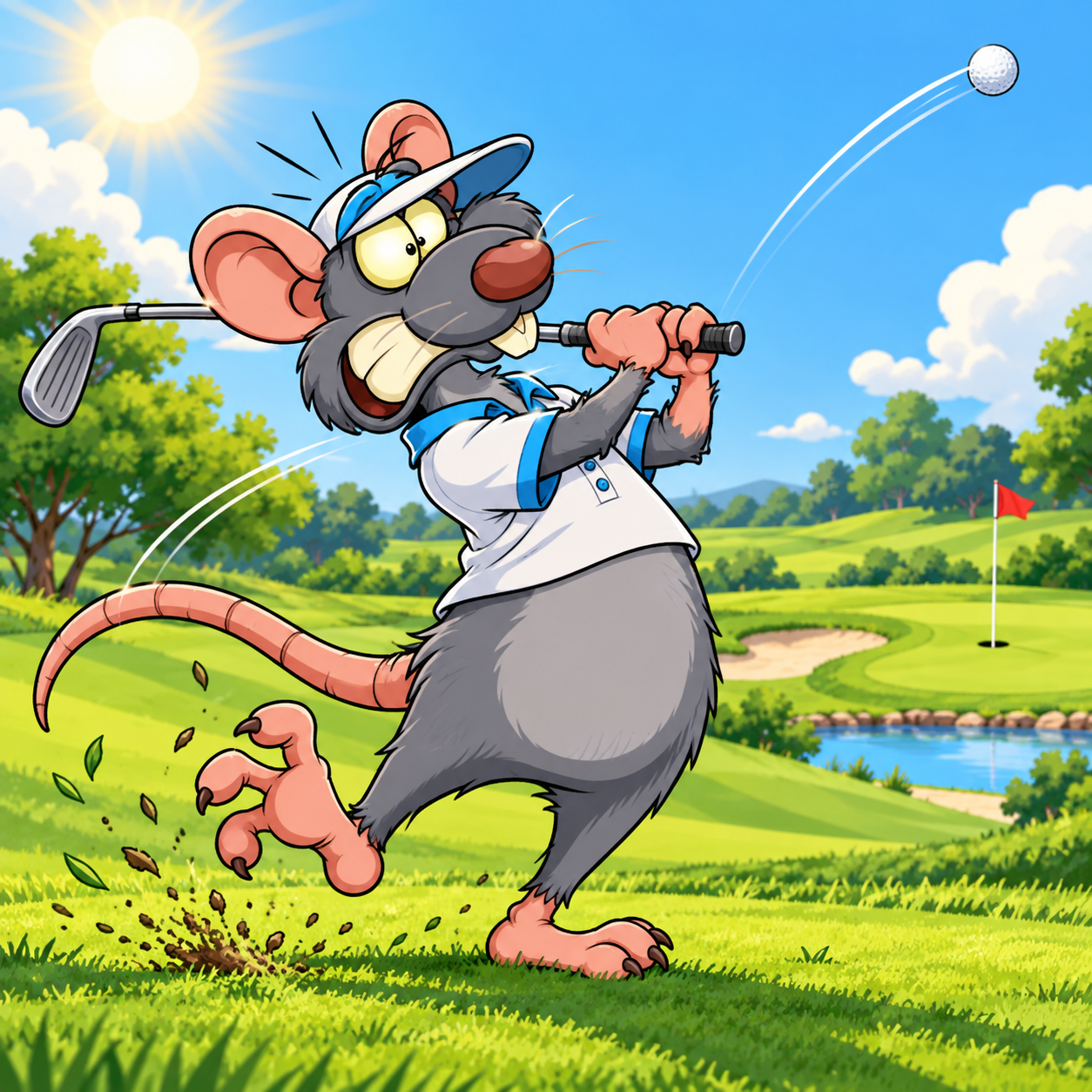 Cartoon HantaRat swinging a golf club on a sunny course