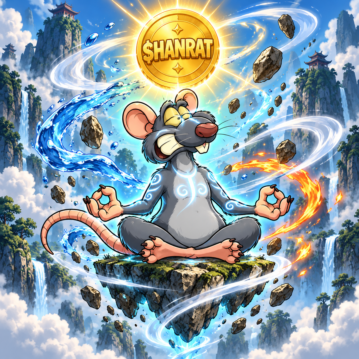 Cartoon HantaRat meditating on a floating island with the token above